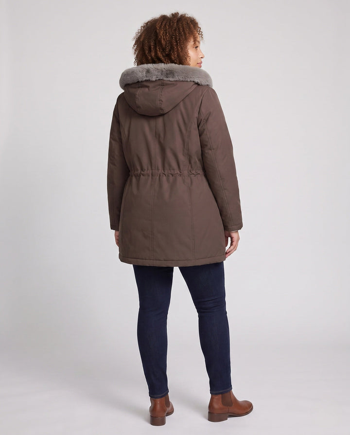 Dam Knee-Length Thermoparkas med Avtagbar Teddy Huva, Drawstring Waist och Dold Front Lock
