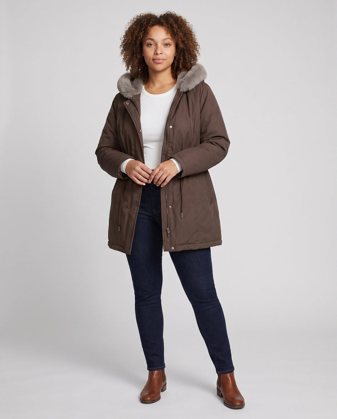 Dam Knee-Length Thermoparkas med Avtagbar Teddy Huva, Drawstring Waist och Dold Front Lock
