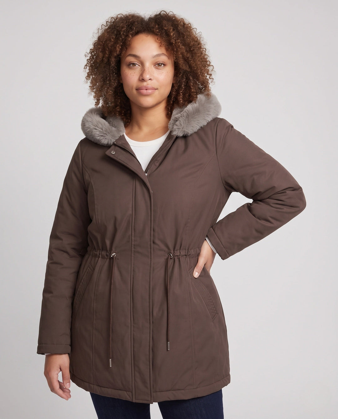 Dam Knee-Length Thermoparkas med Avtagbar Teddy Huva, Drawstring Waist och Dold Front Lock