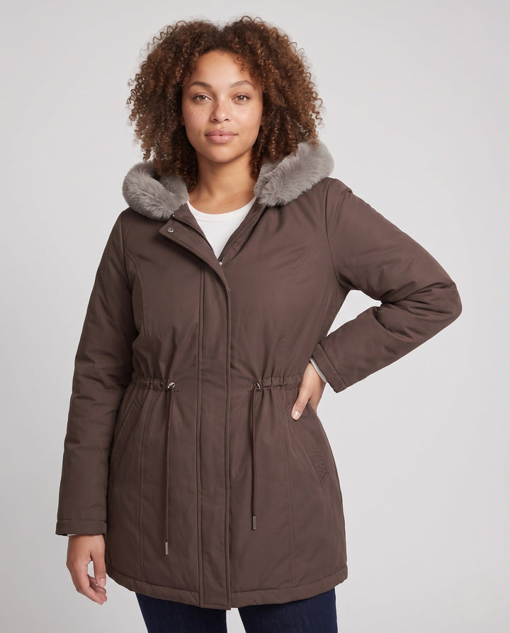 Dam Knee-Length Thermoparkas med Avtagbar Teddy Huva, Drawstring Waist och Dold Front Lock