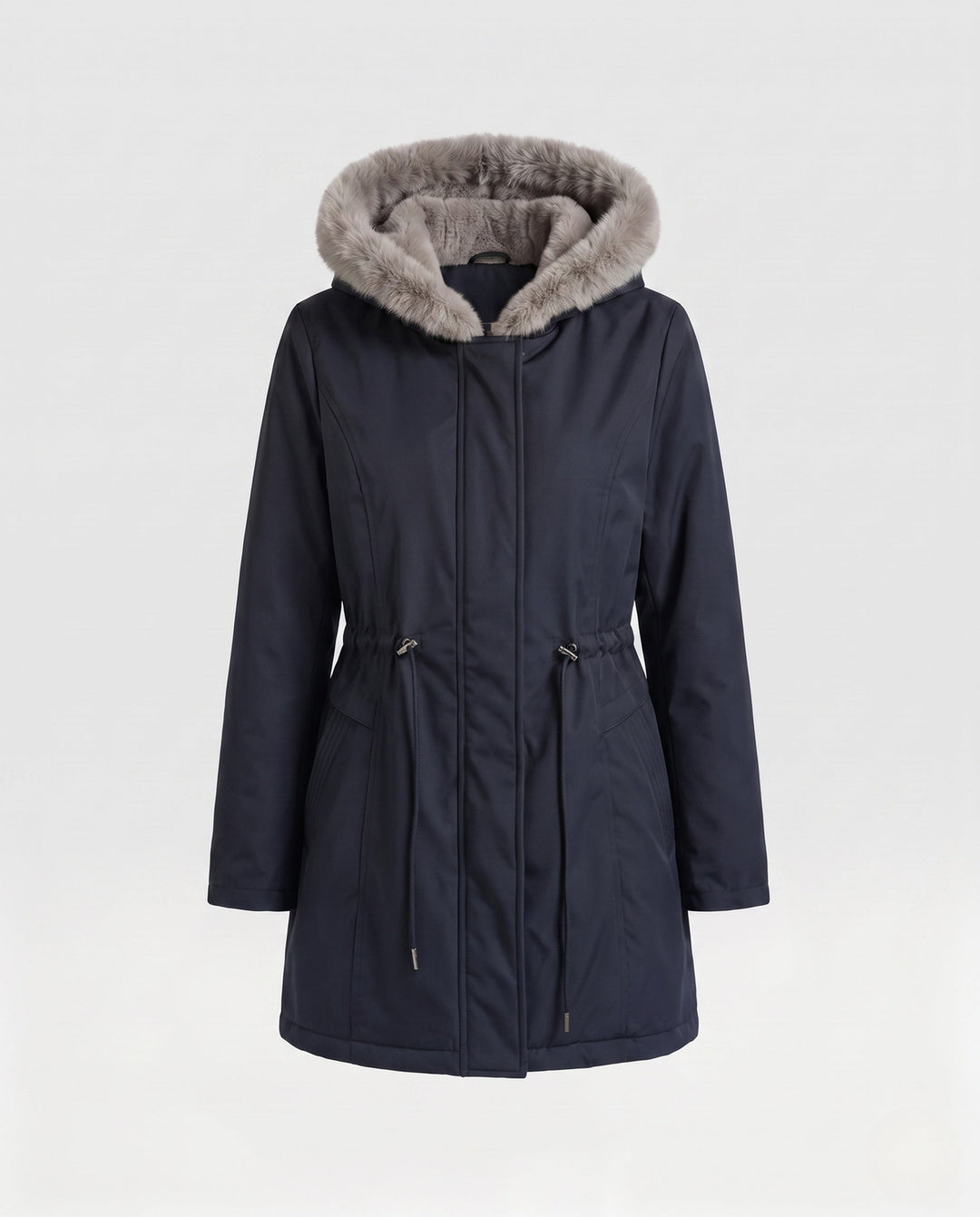 Dam Knee-Length Thermoparkas med Avtagbar Teddy Huva, Drawstring Waist och Dold Front Lock