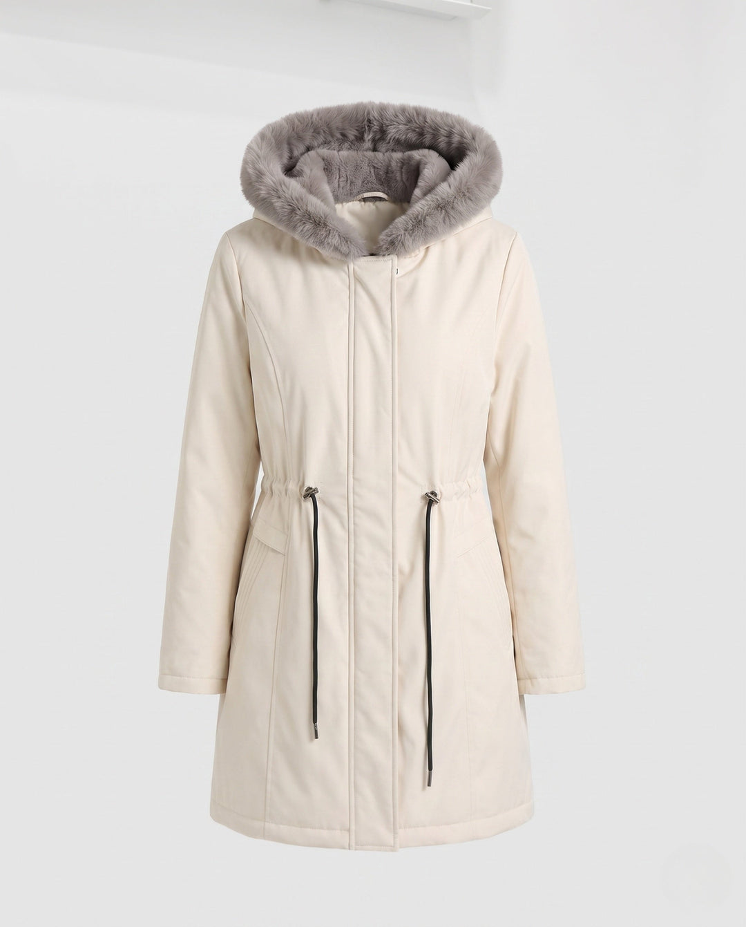 Dam Knee-Length Thermoparkas med Avtagbar Teddy Huva, Drawstring Waist och Dold Front Lock