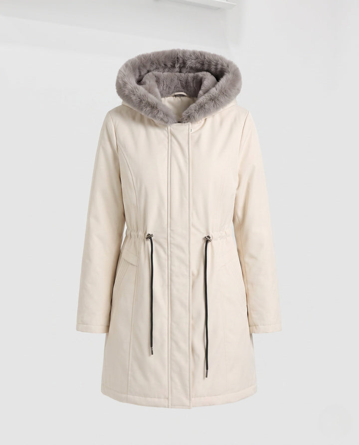 Dam Knee-Length Thermoparkas med Avtagbar Teddy Huva, Drawstring Waist och Dold Front Lock