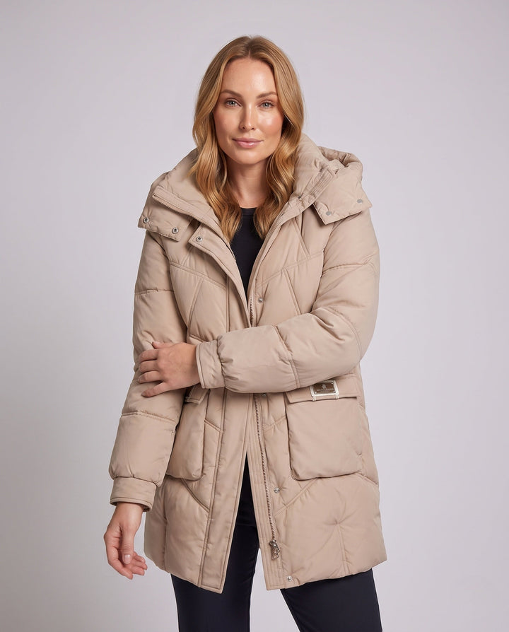 Dam Mid-Length Vadderad Parka med Hög Stå Krage Lock, Stowable Huva, och Stora Cargo Fickor