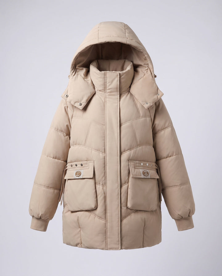 Dam Mid-Length Vadderad Parka med Hög Stå Krage Lock, Stowable Huva, och Stora Cargo Fickor