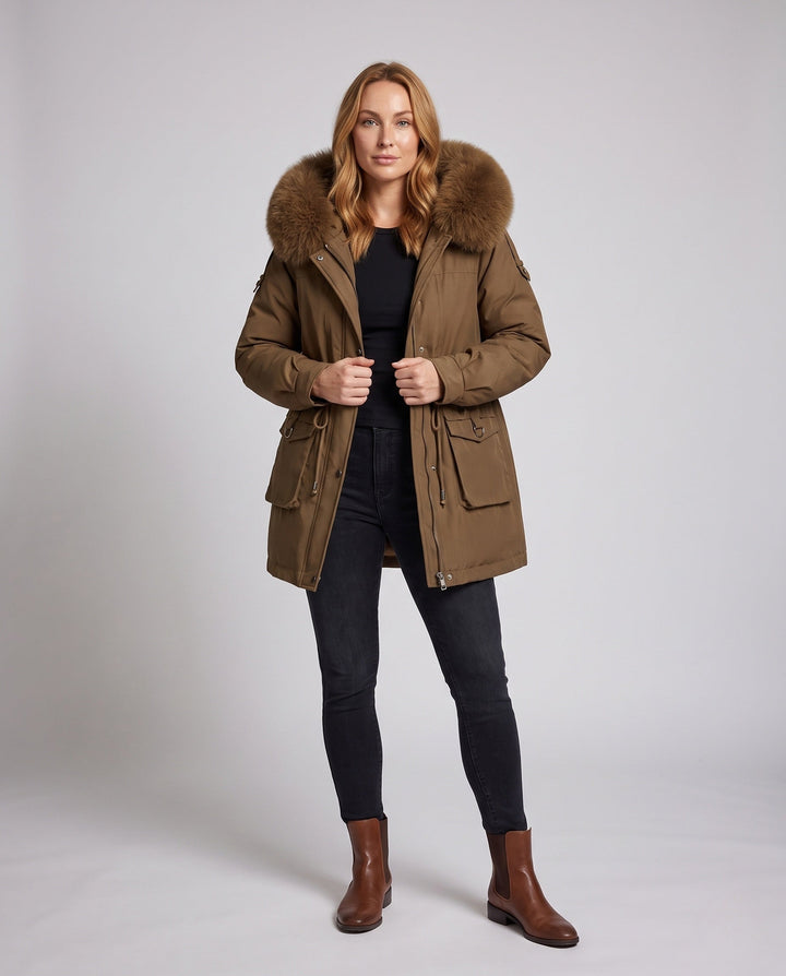 Dam Modern Utility Parka med Extra Stora Krage i Fur Look och Funktionell Flerfärgad-Fickor
