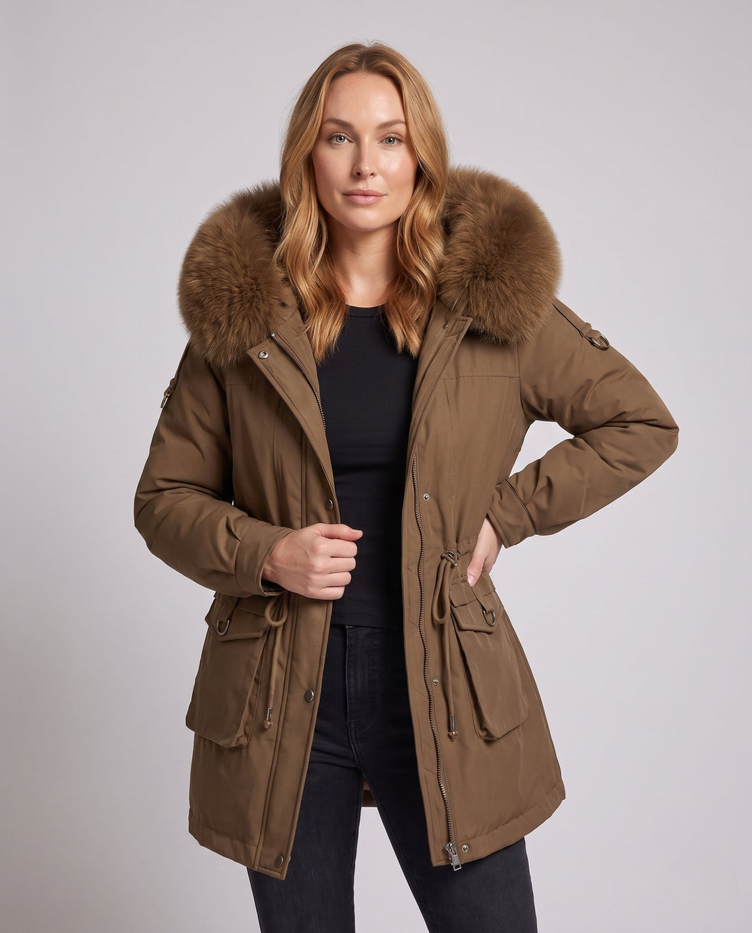 Dam Modern Utility Parka med Extra Stora Krage i Fur Look och Funktionell Flerfärgad-Fickor