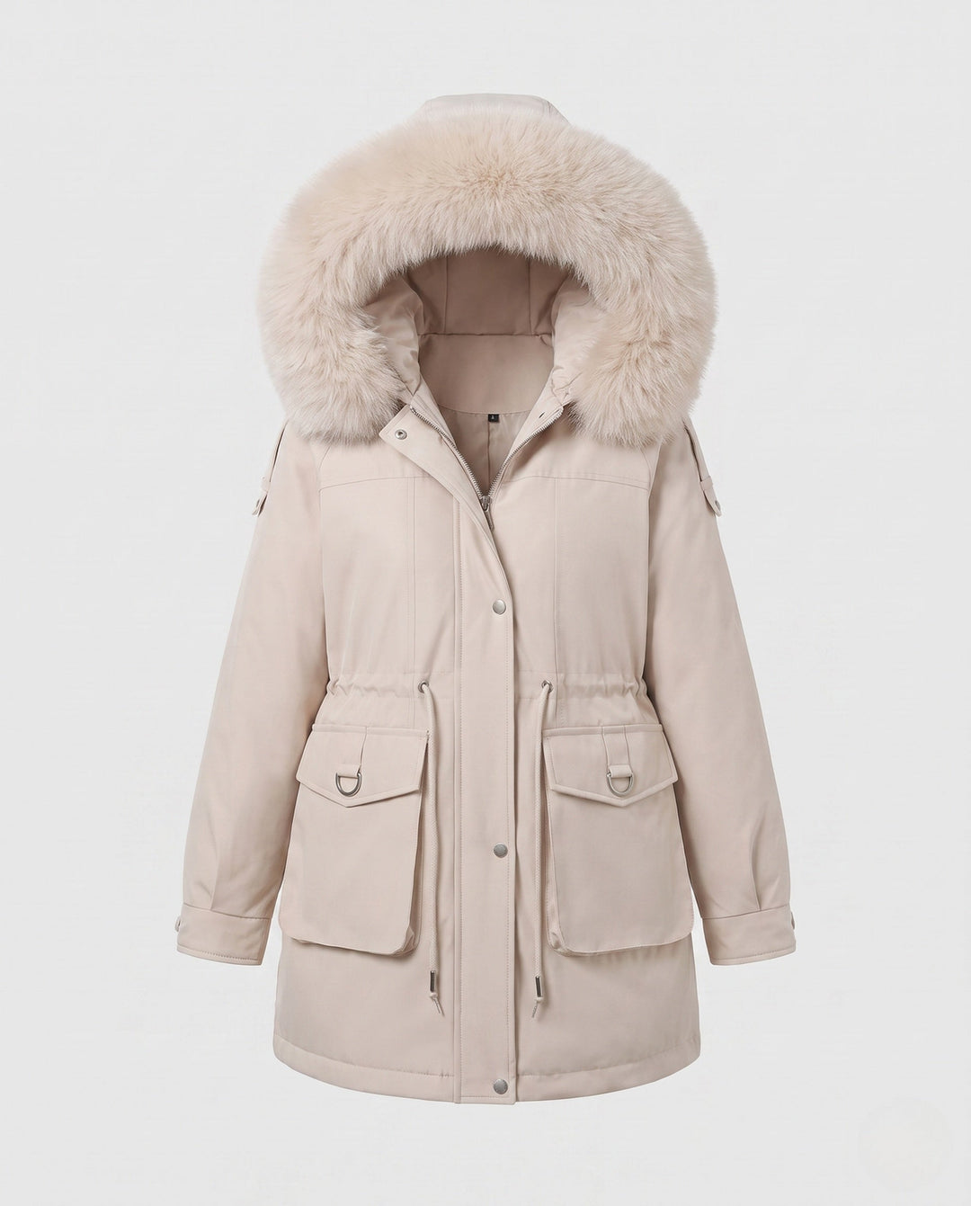 Dam Modern Utility Parka med Extra Stora Krage i Fur Look och Funktionell Flerfärgad-Fickor