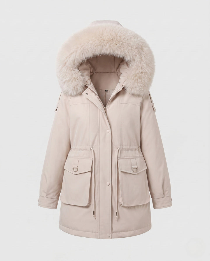 Dam Modern Utility Parka med Extra Stora Krage i Fur Look och Funktionell Flerfärgad-Fickor