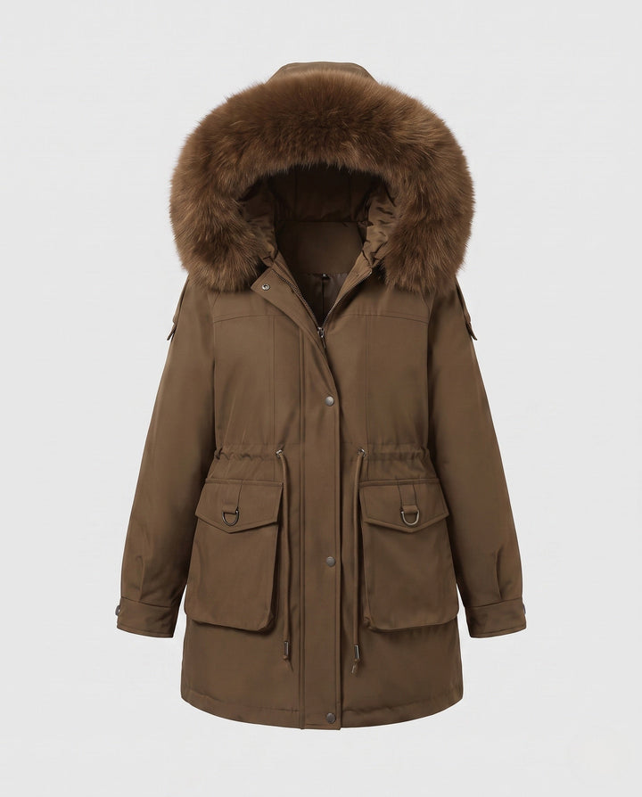 Dam Modern Utility Parka med Extra Stora Krage i Fur Look och Funktionell Flerfärgad-Fickor