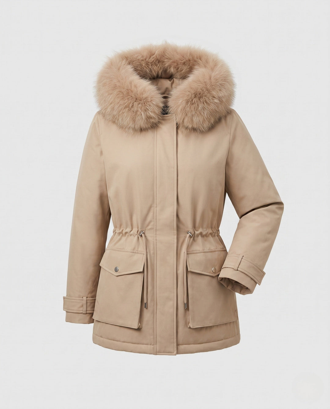 Dam Modern Utility Parka med Extra Stora Krage i Fur Look och Funktionell Flerfärgad-Fickor
