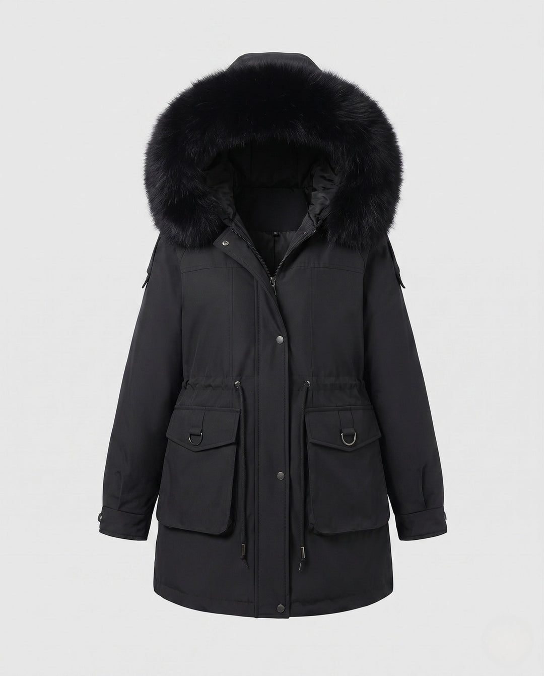 Dam Modern Utility Parka med Extra Stora Krage i Fur Look och Funktionell Flerfärgad-Fickor
