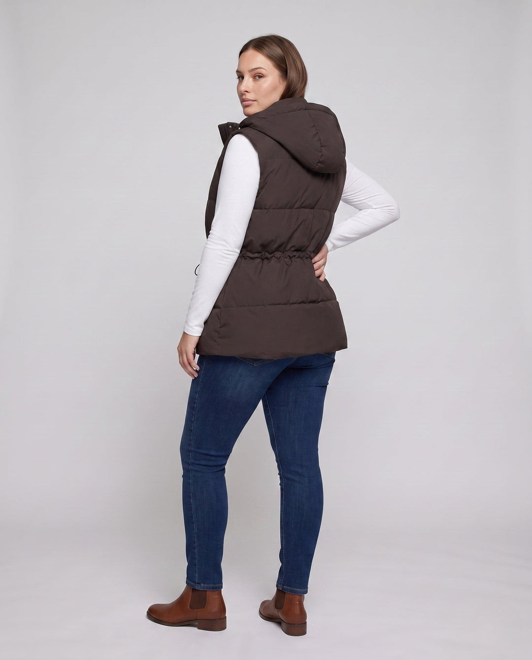 Dam Nano Vadderad Lång Väst med Huva, Drawstring Waist och Two-Way Dragkedja