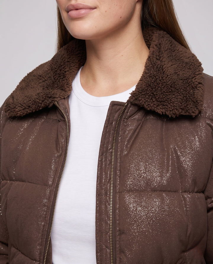 Dam Non-Vadderad Vadderad Jacka med Glitter Effect och Mysig Faux Fur Krage