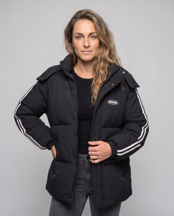 Unisex Oversize Quiltad Jacka med Contrast Stripes på Ärmar, Hög-Closing Krage, och Huva Knäppning