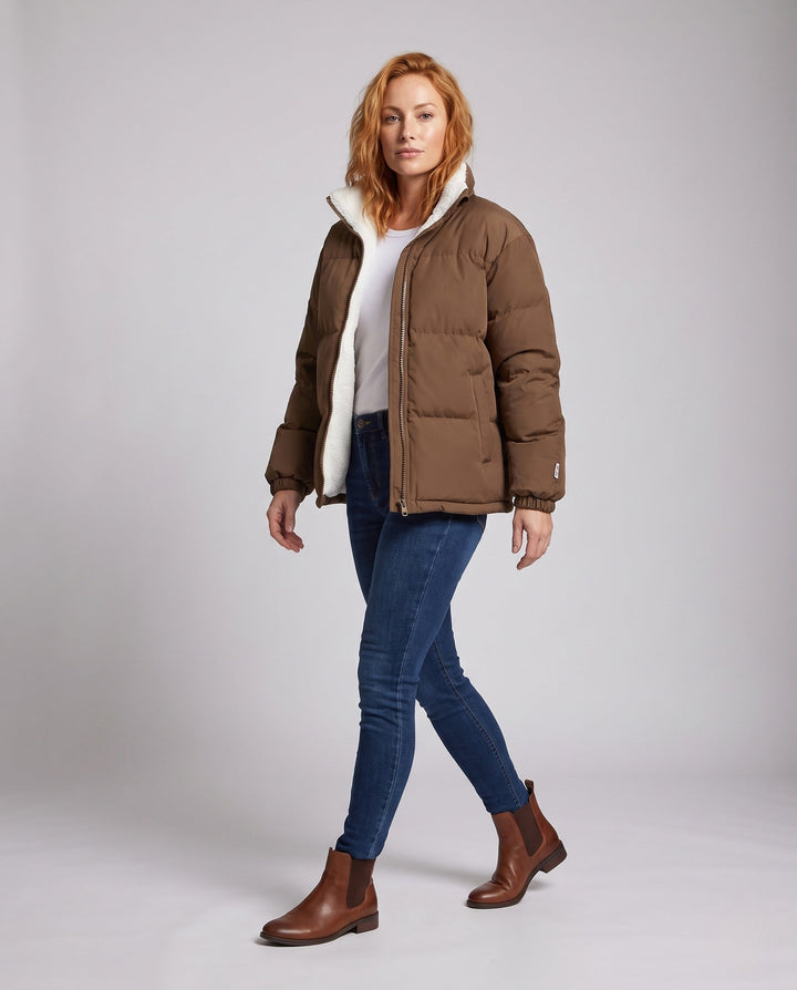 Dam Oversize Termisk Vadderad Jacka med Teddy Foder, Hög Komfort Krage och Elastic Muddar