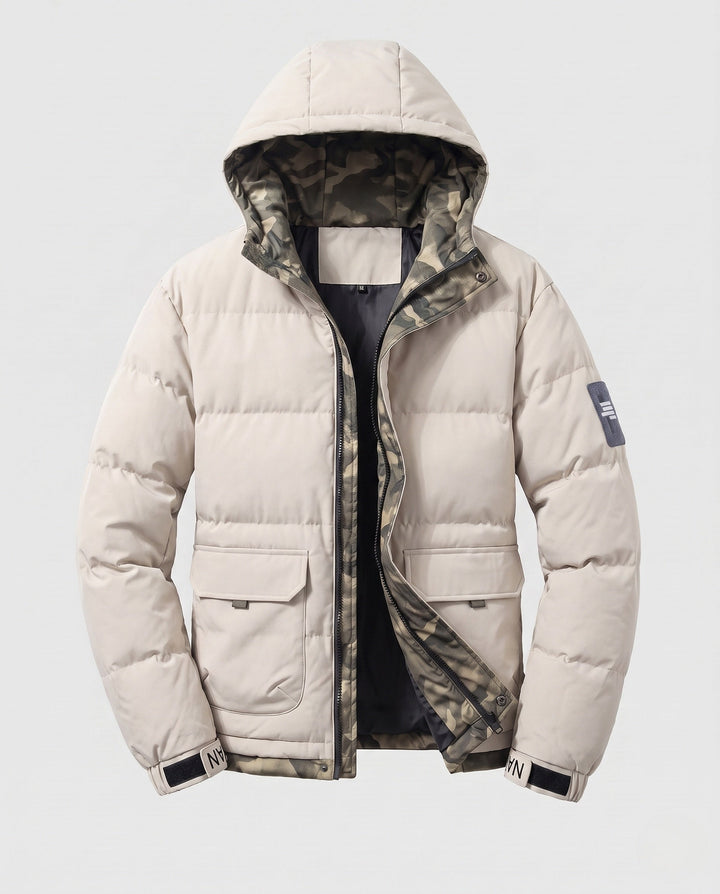 Herr Kort Termisk Quiltad Parkas med Huva, Applied Lockfickor, Dold Fram Slå, och Camouflage-Lined Insida