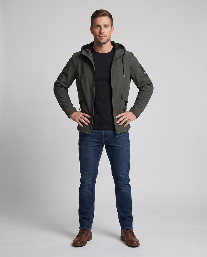 Herr Lätt Softshell Parkas med Huva, Vindresistent Yta, Dold Dragkedja, och Lockfickor