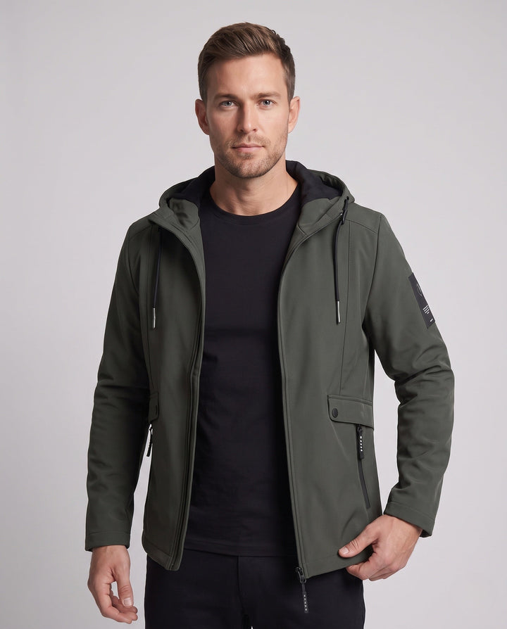 Herr Lätt Softshell Parkas med Huva, Vindresistent Yta, Dold Dragkedja, och Lockfickor