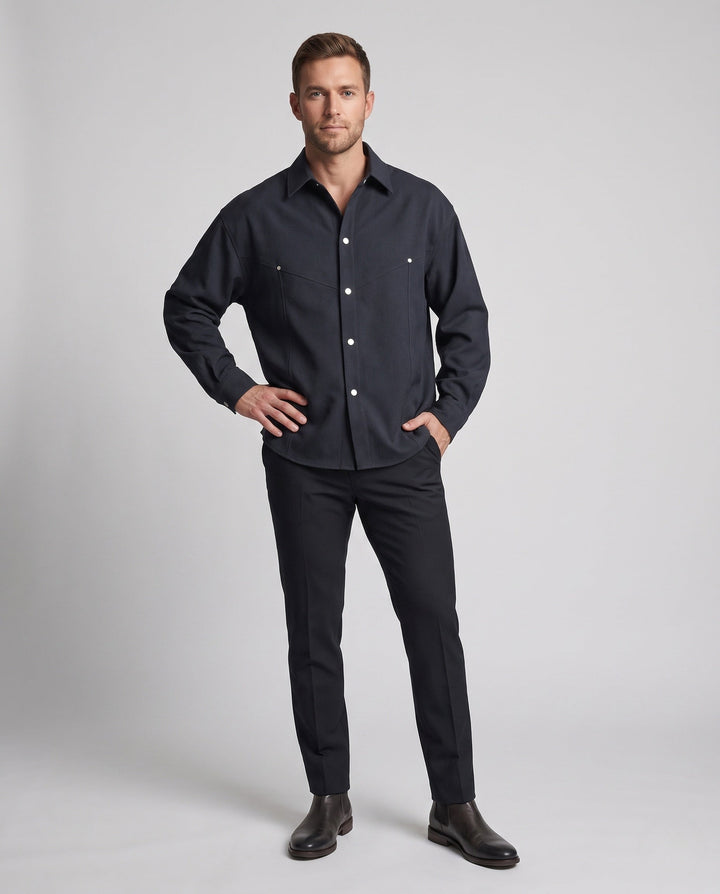 Herr Oversized Skjortjacka med Tryckknapp Knapp Slå, Rounded Fåll och Mjuk Canvas Tyg