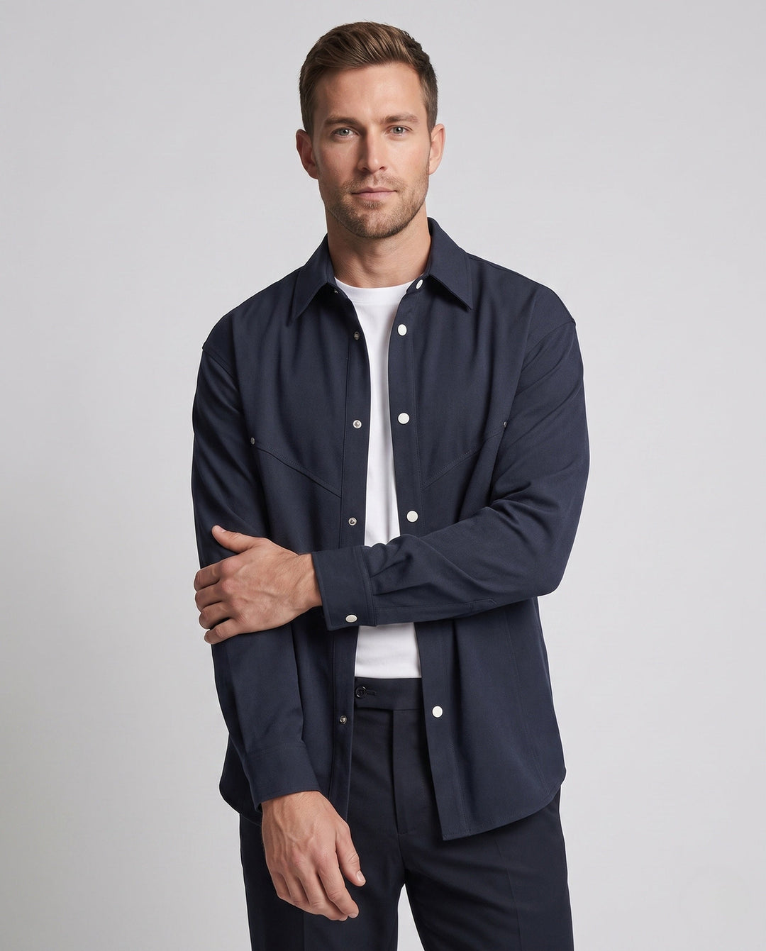 Herr Oversized Skjortjacka med Tryckknapp Knapp Slå, Rounded Fåll och Mjuk Canvas Tyg