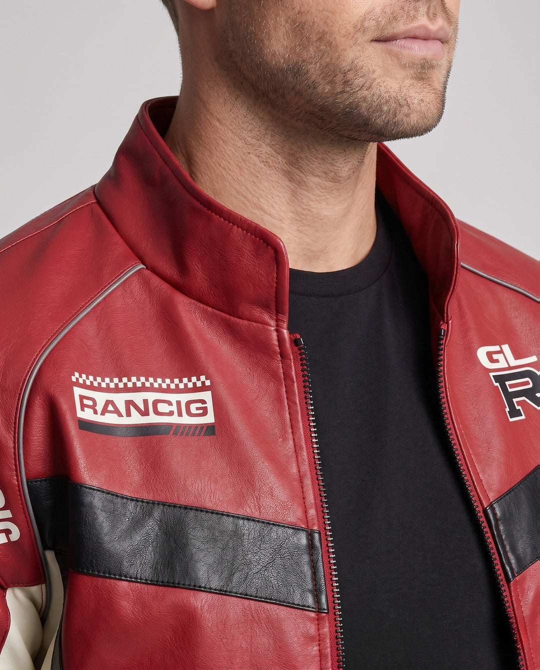 Herr Racing Driver-Inspired Läderimitation Jacka med Logo Prints och Ståkrage