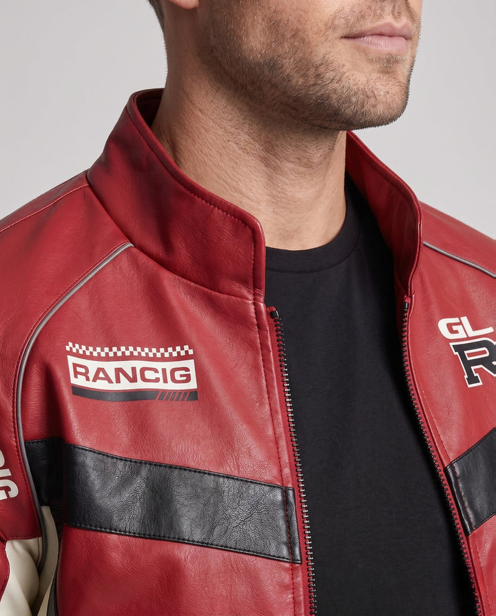 Herr Racing Driver-Inspired Läderimitation Jacka med Logo Prints och Ståkrage