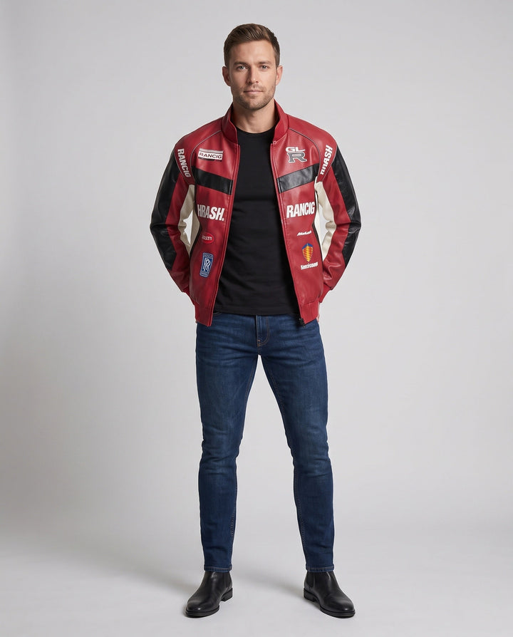 Herr Racing Driver-Inspired Läderimitation Jacka med Logo Prints och Ståkrage
