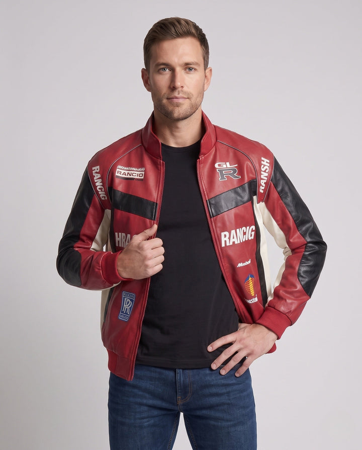 Herr Racing Driver-Inspired Läderimitation Jacka med Logo Prints och Ståkrage