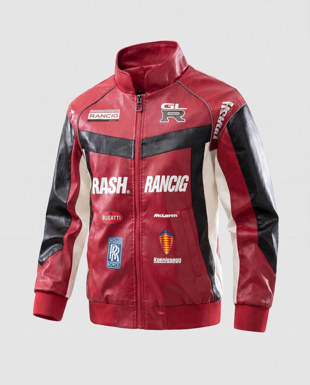 Herr Racing Driver-Inspired Läderimitation Jacka med Logo Prints och Ståkrage