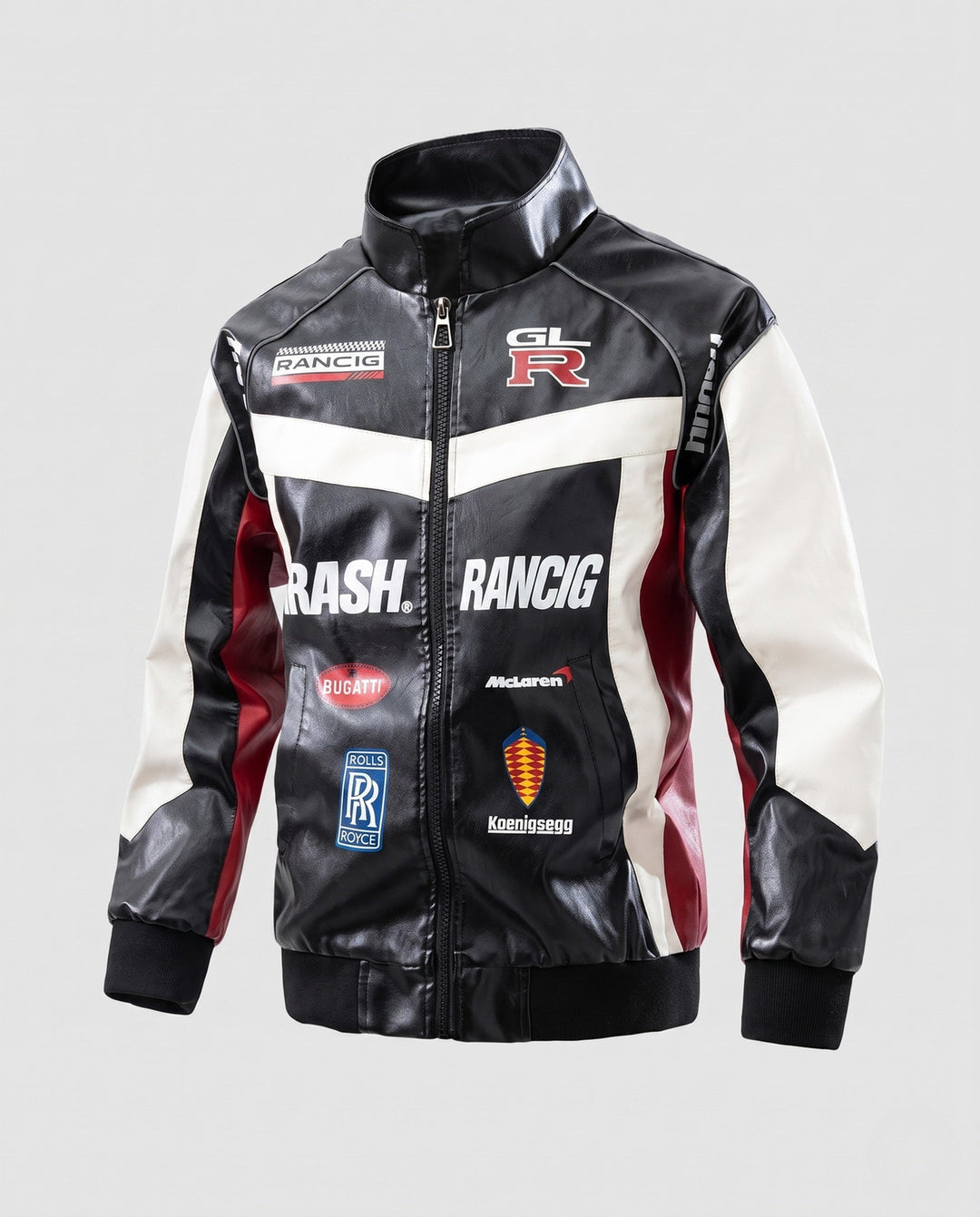Herr Racing Driver-Inspired Läderimitation Jacka med Logo Prints och Ståkrage