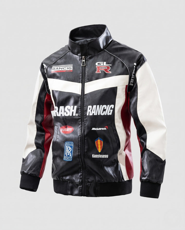 Herr Racing Driver-Inspired Läderimitation Jacka med Logo Prints och Ståkrage