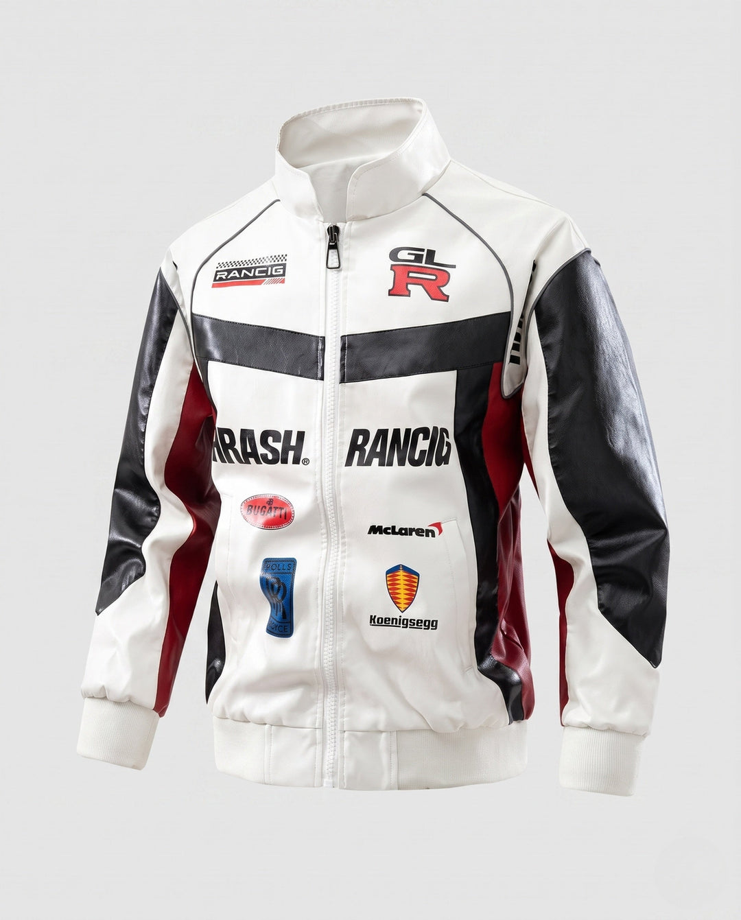 Herr Racing Driver-Inspired Läderimitation Jacka med Logo Prints och Ståkrage