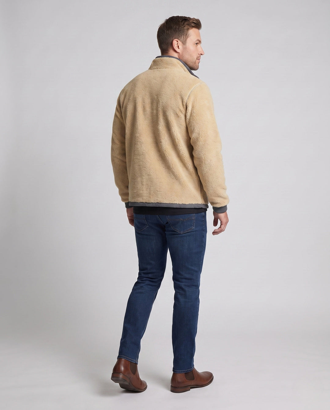 Herr termo fleece jacka med Sherpa foder, hög ståkrage och dold dragkedja fickor