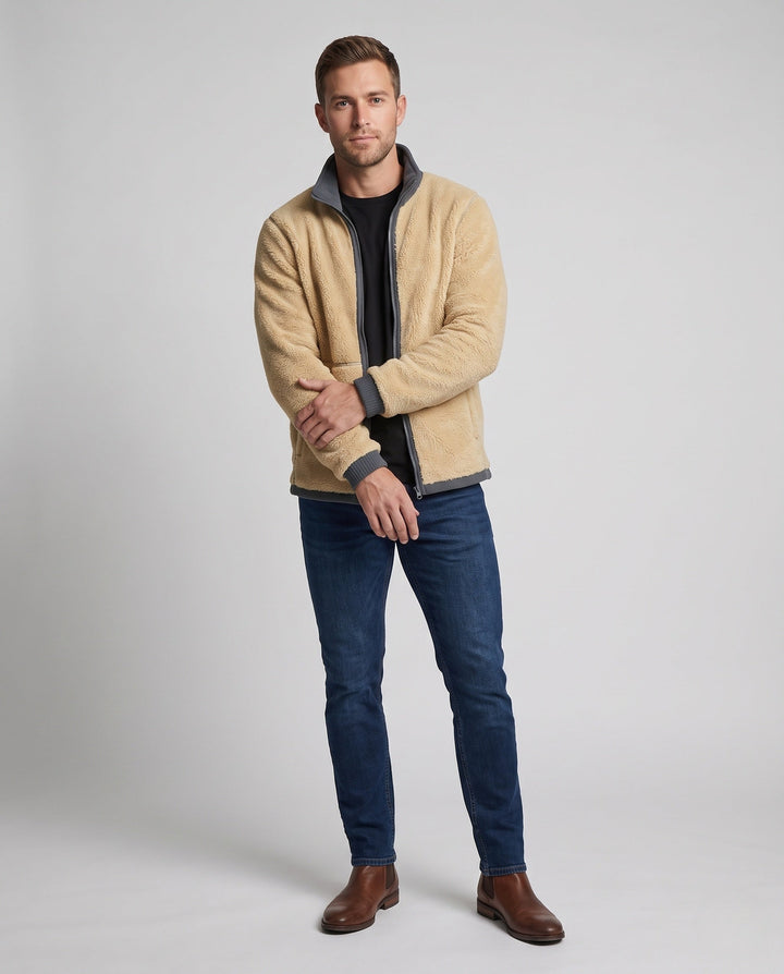 Herr termo fleece jacka med Sherpa foder, hög ståkrage och dold dragkedja fickor