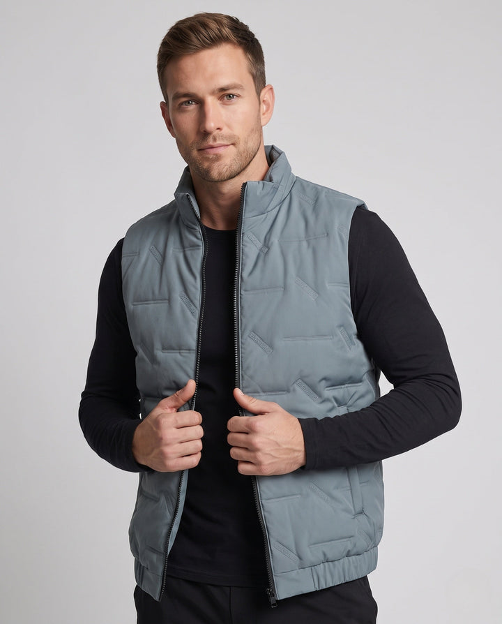 Herr Vadderad Fleece-Fodrad Quiltad Väst med Teddy Innerfoder, Ståkrage, och Dold Dragkedja