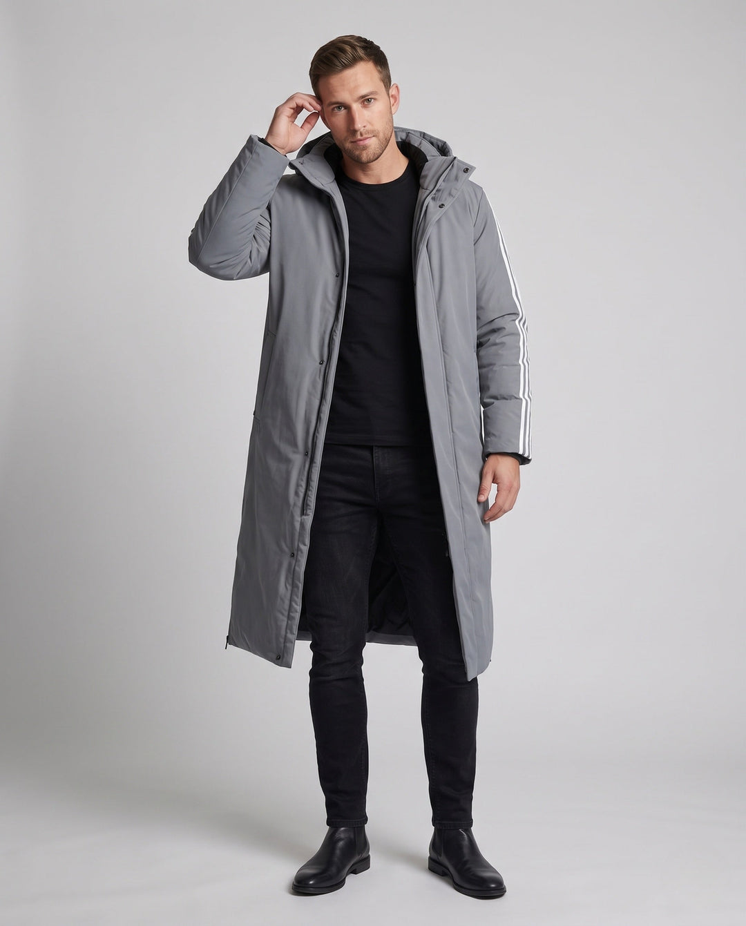 Unisex Longer Quiltad Vinter Parka med Huva och Sportig Ärm Stripes