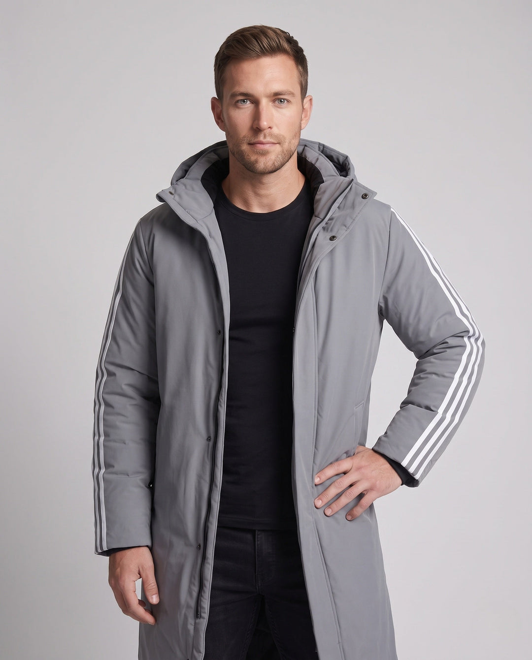 Unisex Longer Quiltad Vinter Parka med Huva och Sportig Ärm Stripes