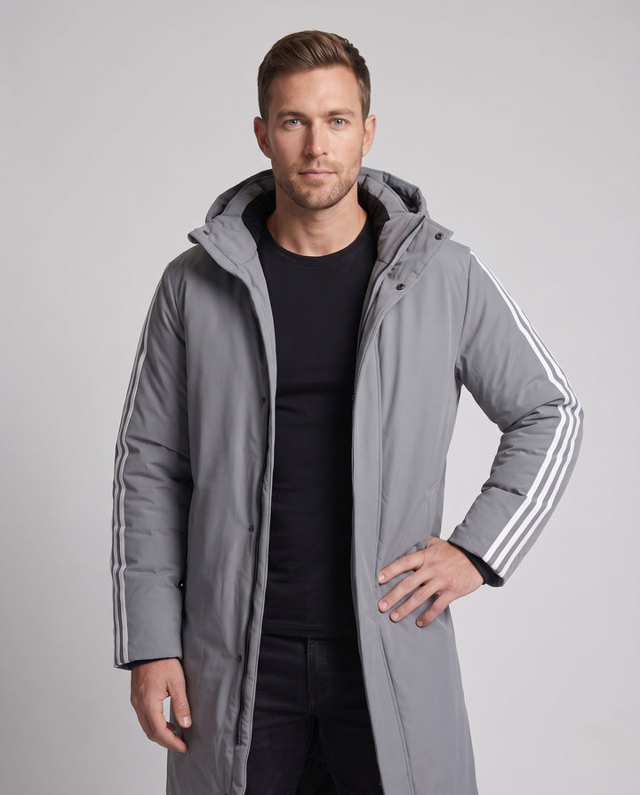 Unisex Longer Quiltad Vinter Parka med Huva och Sportig Ärm Stripes