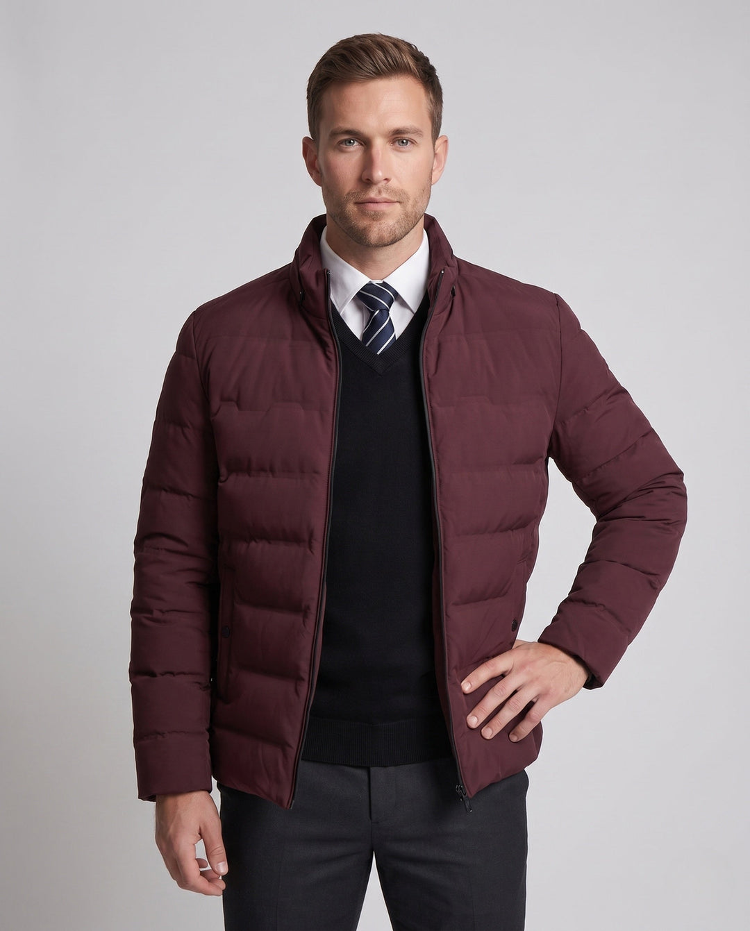 Herr Kort Midja Dun-Look Quiltad Jacka med Ståkrage och Termisk Isolering