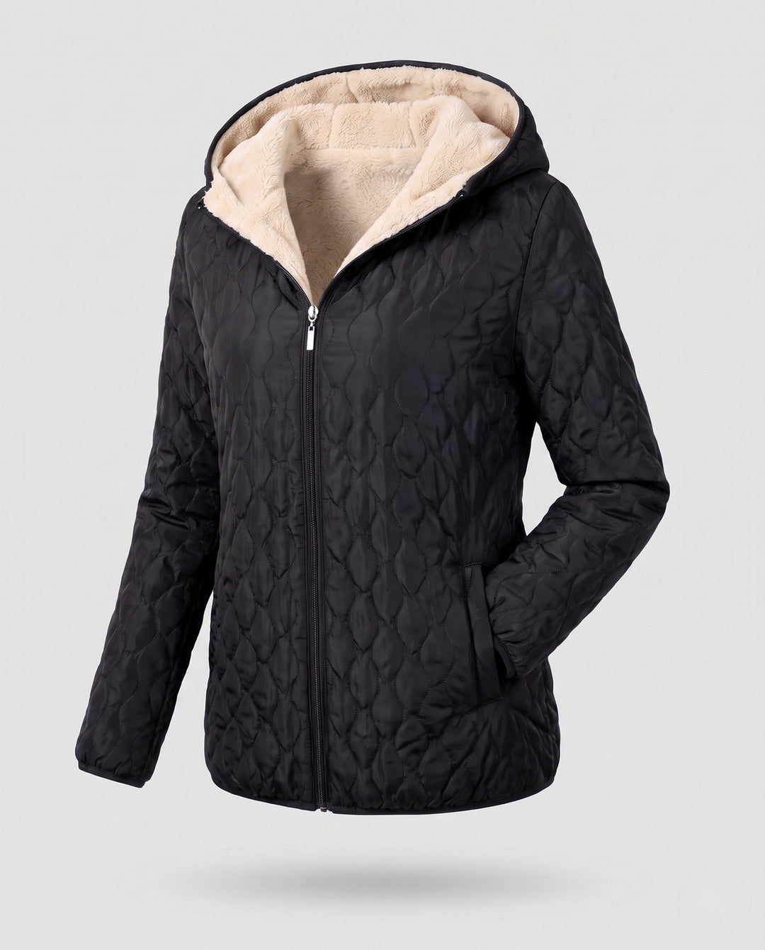 Dam mid-length lightly vadderad quiltad jacka med teddy foder och huva