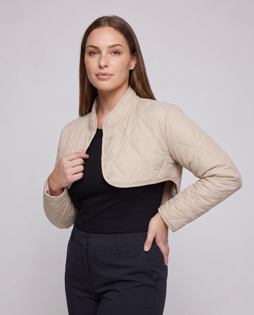 Dam Kort Quiltad Bolero Vadderad Jacka med Stå Krage