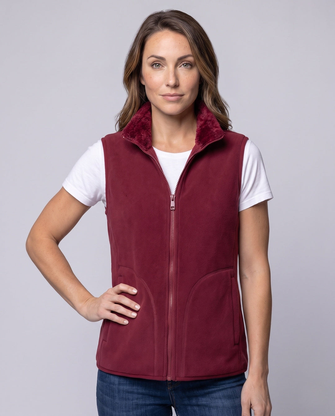 Dam Sleeveless Sherpa Fleece Väst med Stå Krage och Full Dragkedja