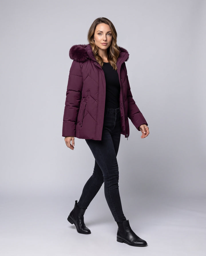 Dam Vadderad Quiltad Jacka med Huva och Avtagbar Faux Fur Krage