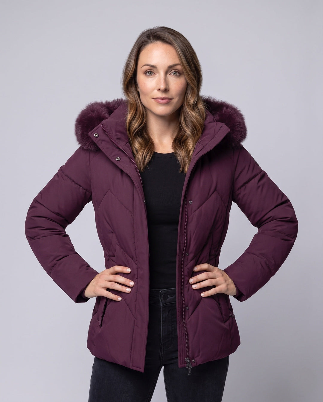 Dam Vadderad Quiltad Jacka med Huva och Avtagbar Faux Fur Krage