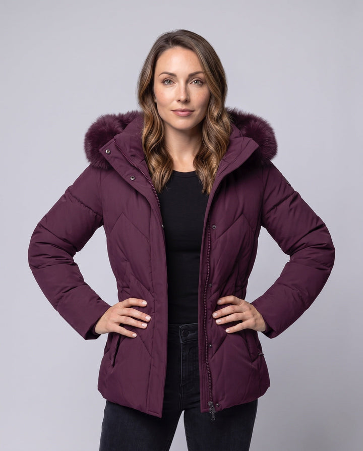 Dam Vadderad Quiltad Jacka med Huva och Avtagbar Faux Fur Krage
