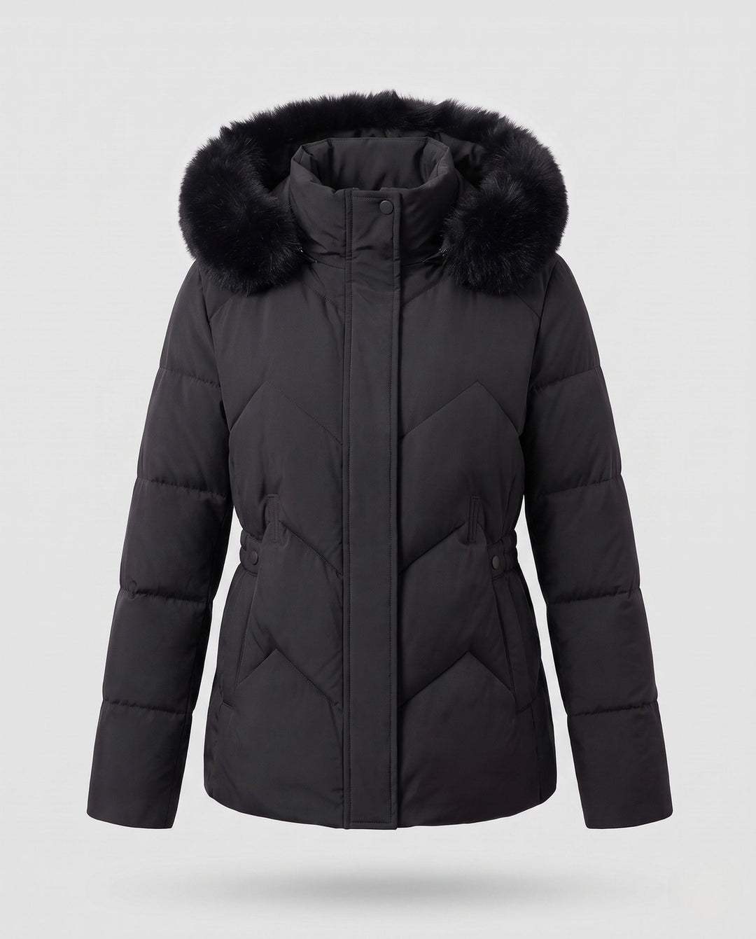 Dam Vadderad Quiltad Jacka med Huva och Avtagbar Faux Fur Krage