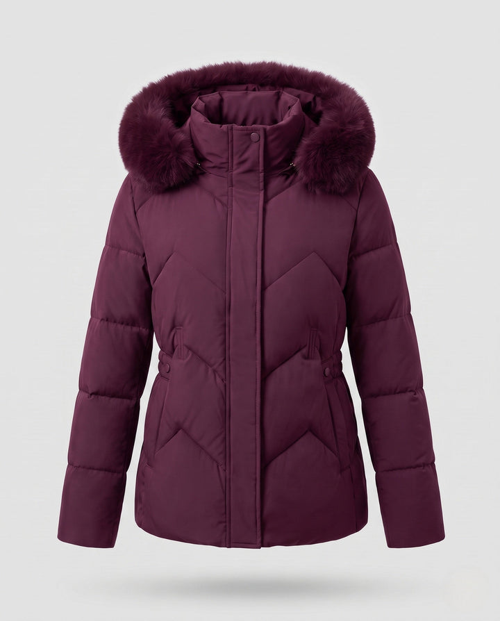 Dam Vadderad Quiltad Jacka med Huva och Avtagbar Faux Fur Krage