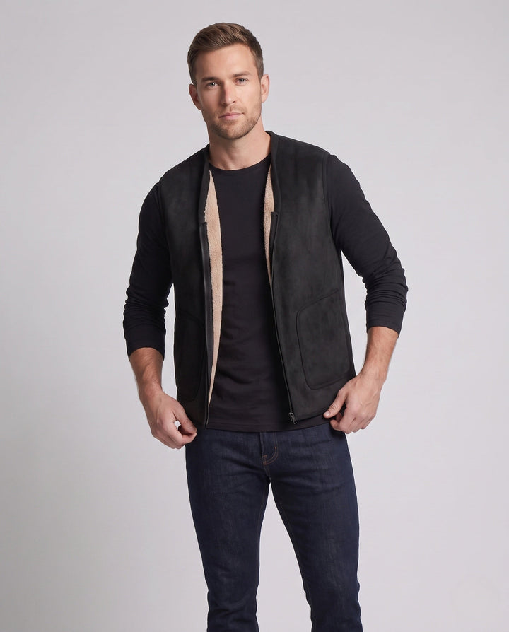 Herr Ärmlös Lambskin Look Väst med Värmande Sherpa Foder och Dold Dragkedja
