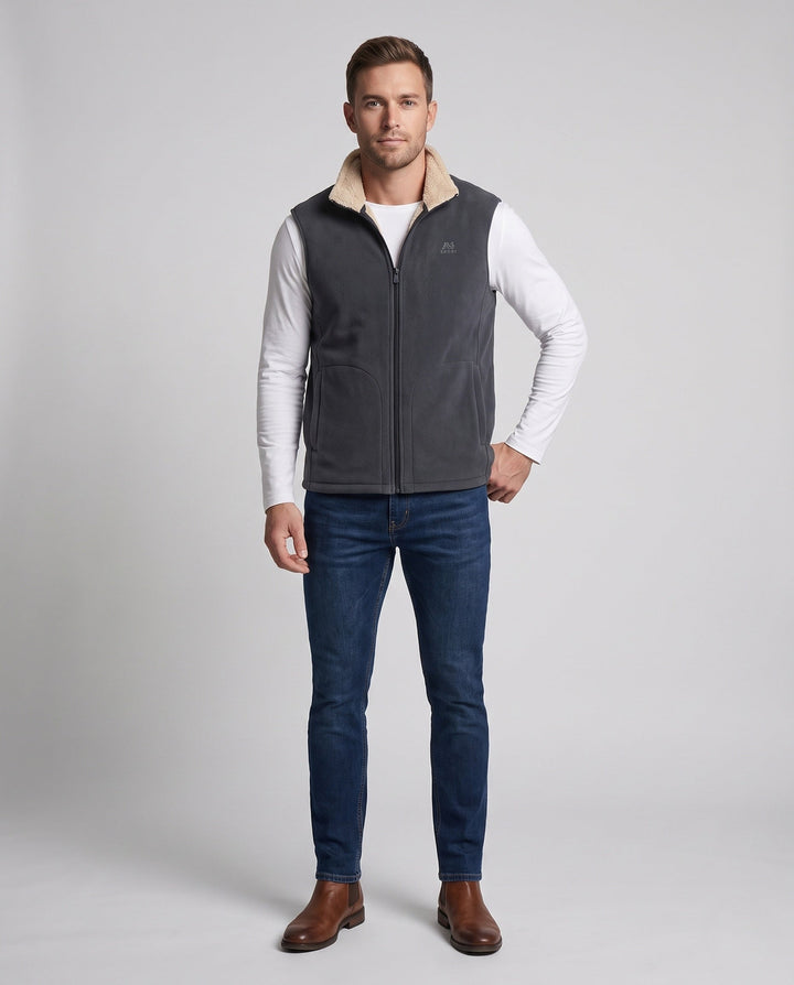 Herr Termisk Fleece Väst med Sherpa Foder, Hög Ståkrage och Dold Sidofickor